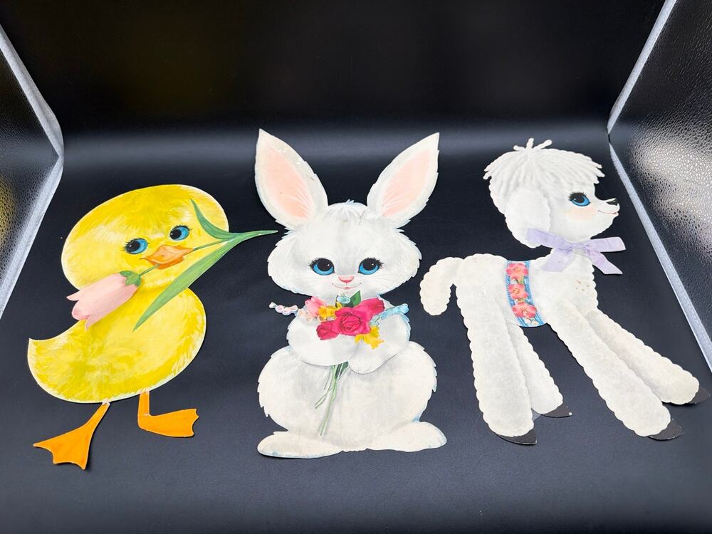 Vintage Eureka Easter Flocked Die Cut Trio Bunny Duck Lamb Mid Century Decor